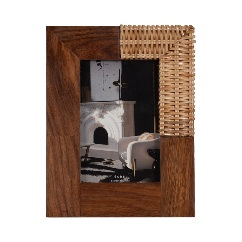 Neutral Textured Wood Brown Woven Rattan Detail Rectangle Photo Frame, 9"H x 0.5"W x 0.5"D