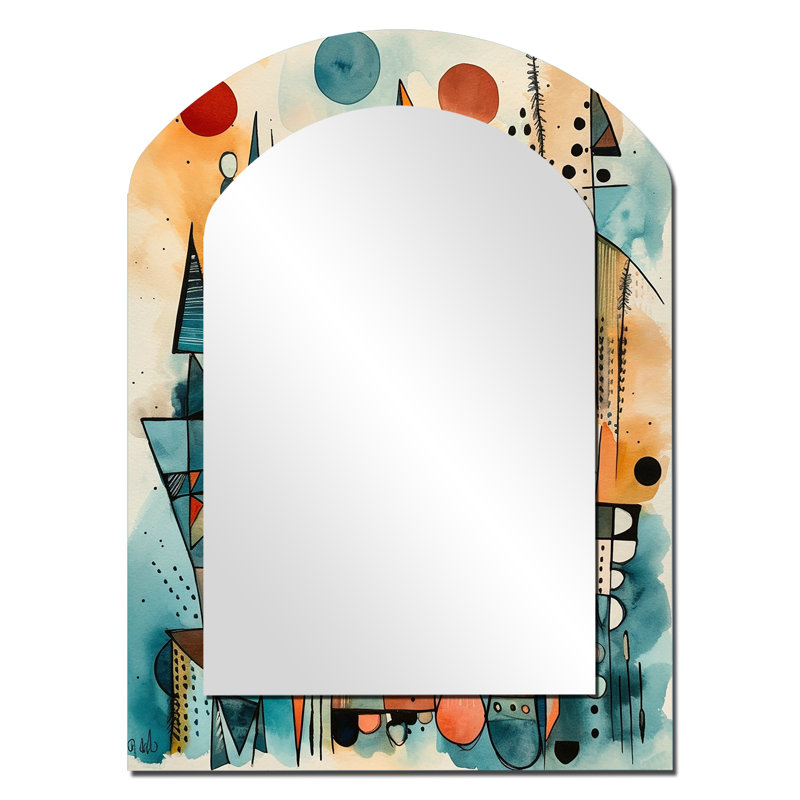 Joyeux géométrique I - paysage, miroir asymétrique, miroir mural unique à arche verte, impression d'art en métal