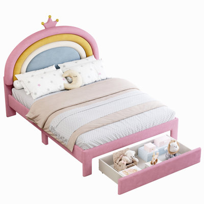 Upholstered Rainbow Design Bed, Velvet Princess Platform Bed With Storage Drawer
