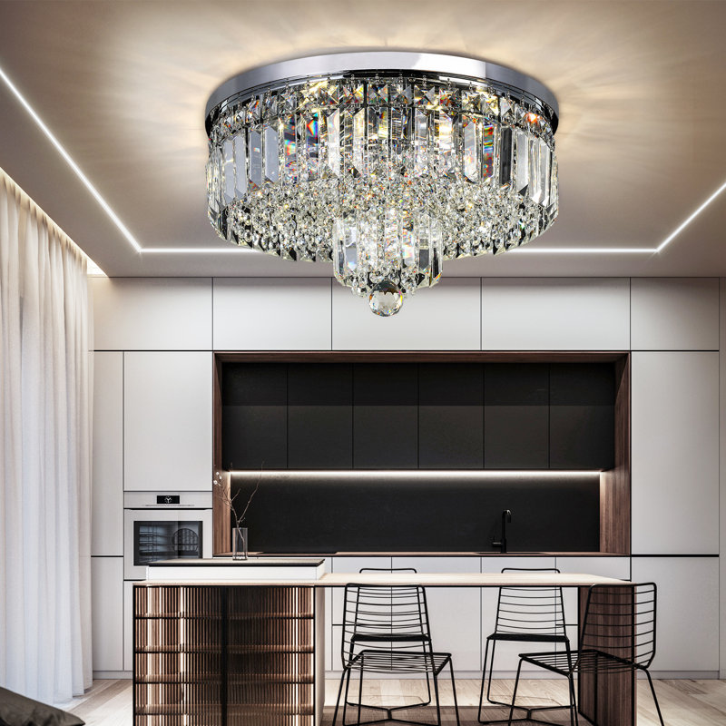 16 Inch 6 Lights Modern Chrome Crystal Flush Mount Chandelier Lighting LED Ceiling Light Fixture Lamp For Dining Room Bathroom Bedroom Livingroom D16" X H9.8"