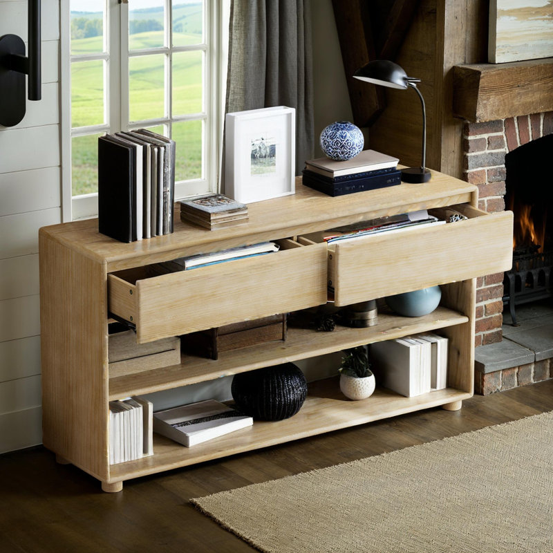 Console en bois massif avec tiroirs et tablettes, Bois naturel