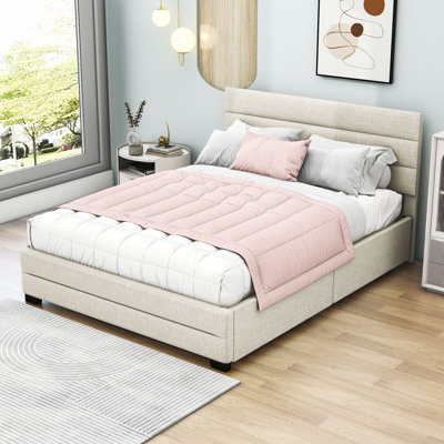 Cestina Queen Size Upholstered Platform Bed with Twin Size Trundle and 2 Drawers -  Latitude Run®, EADFE41066B9452DB24CD1BAFDF6E27B
