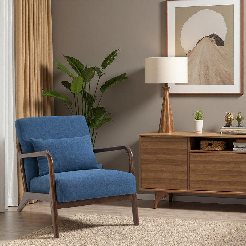 Mid Century Modern Accent Chair With Wood Frame, Upholstered Living Room Chairs With Waist Cushion, Reading Armchair For Bedroom Sunroom