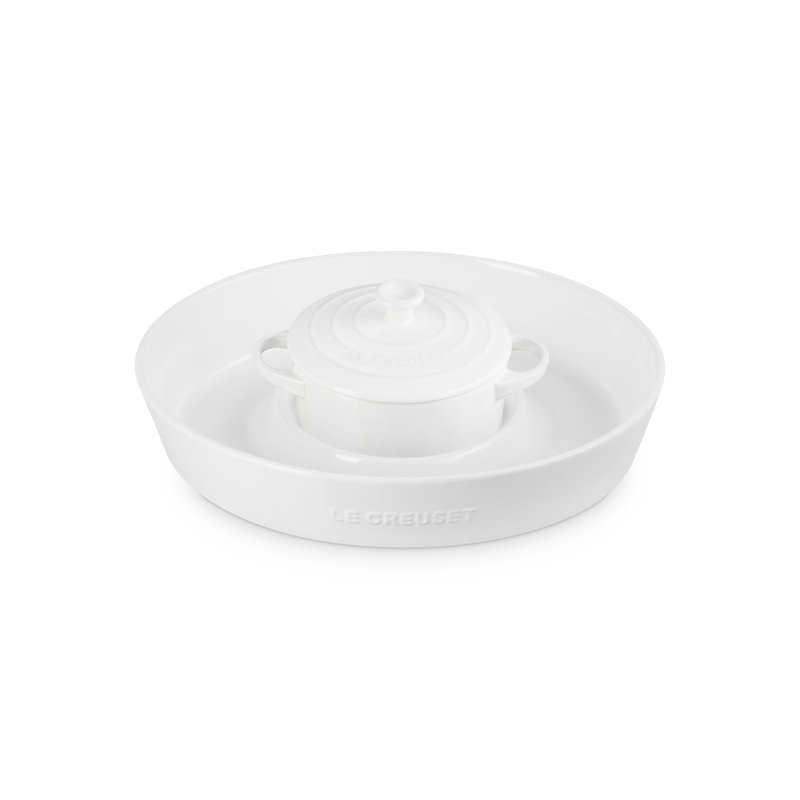 Le Creuset Set Of 2 Chip & Dip 24Oz Mini Cocotte Bleu Riviera, White