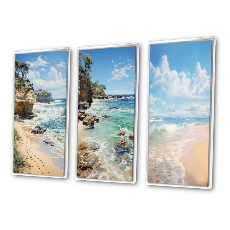 «Beach Photo Ocean Escape», 3 pièces sur toile, Cadre blanc, H 40 po x l 60 po