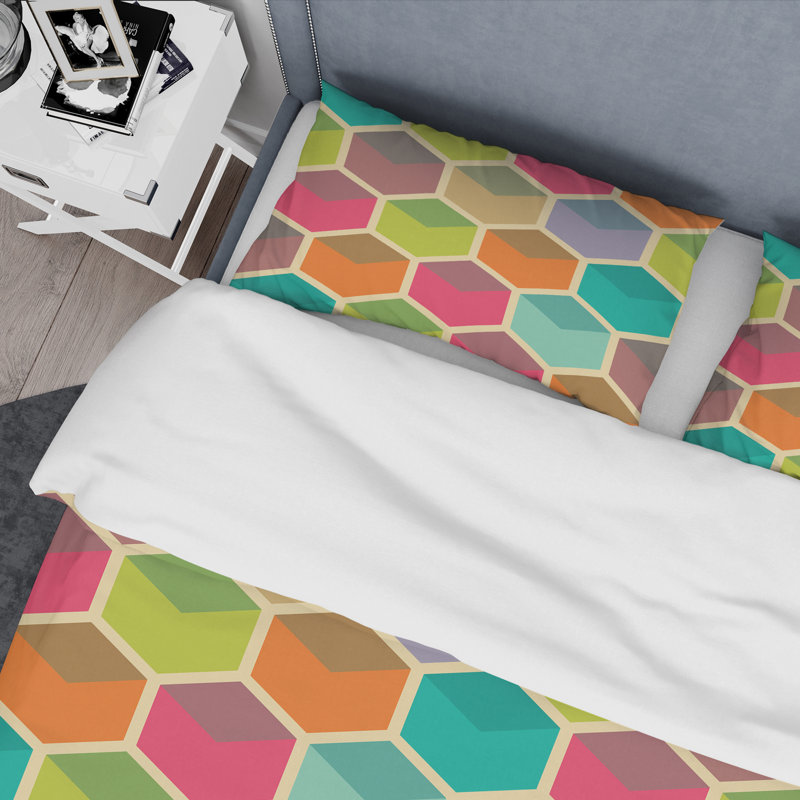 Ensemble de housse couette mid-century rétro hexagonal i, Housse de couette très grand + 2 taies décoratives