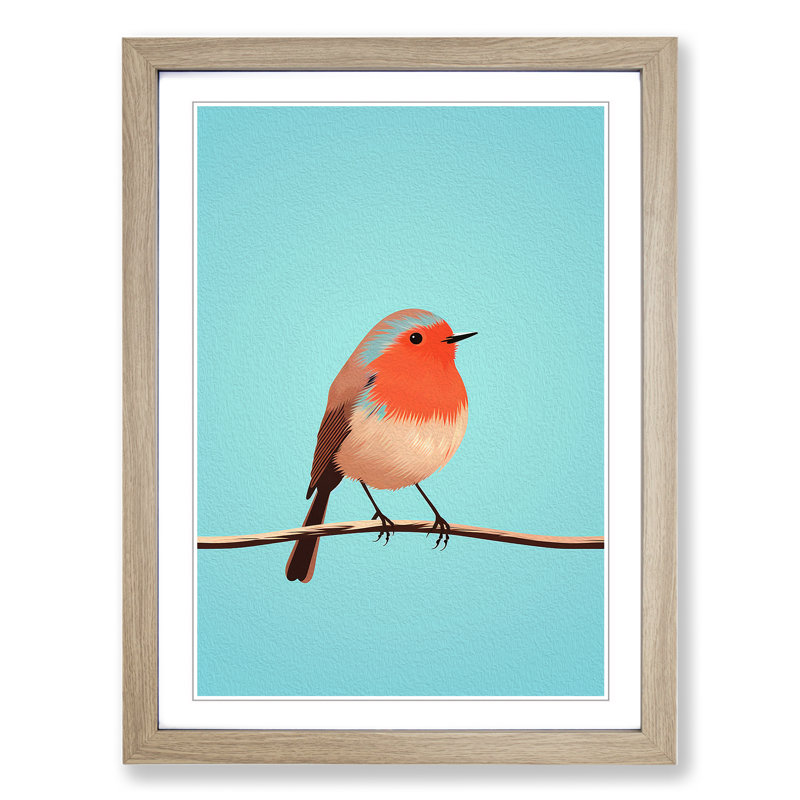 Robin Bird Minimalism No.2 - Single Picture Frame Print on Wood, 34cm H x 25cm W x 2cm D, Oak