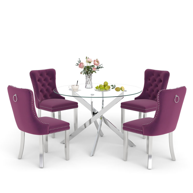 Keyari 4 - Person Pedestal Dining Set, Purple, 29.5"H x 36"L x 36"W, Silver
