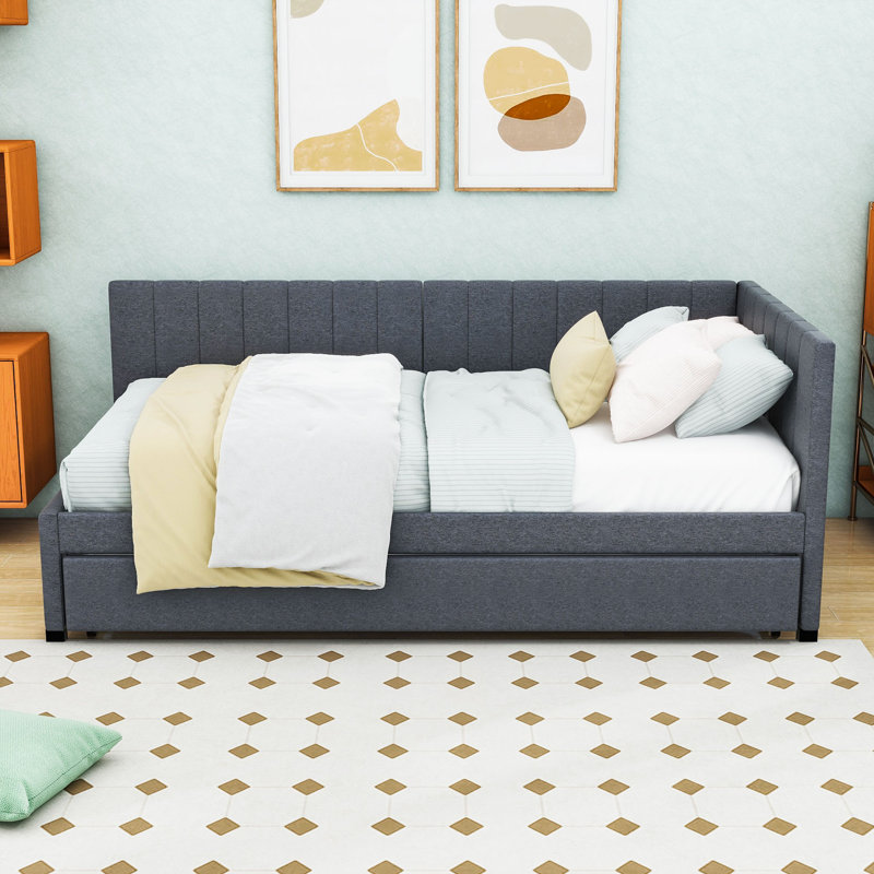 Linen Upholstered Daybed with Twin Trundle, Gray, Twin