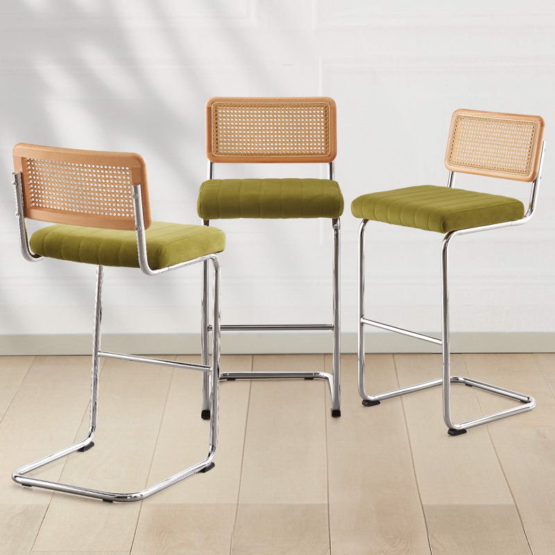 Oliver Green Velvet Upholstered Bar Stools with Silver Metal Frame