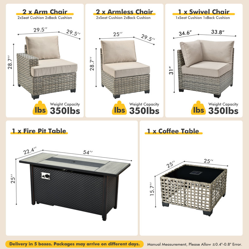 Ensemble modulaire d'extérieur en osier résistant aux intempéries pour 5 personnes avec coussins, table basse à DEL et foyer