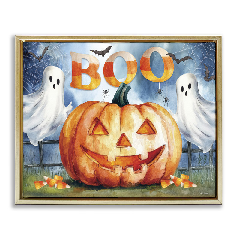 Boo Ghost & Jack-o-Lantern, cadre flottant, conception par Nicole DeCamp, H 17 po x l 21 po, Cadre flottant métallique doré