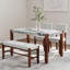 Ensemble de salle à manger 4 pièces en faux marbre avec banc, revêtement beige, pieds en bois d'hévéa massif, design moderne peu encombrant pour la salle à manger