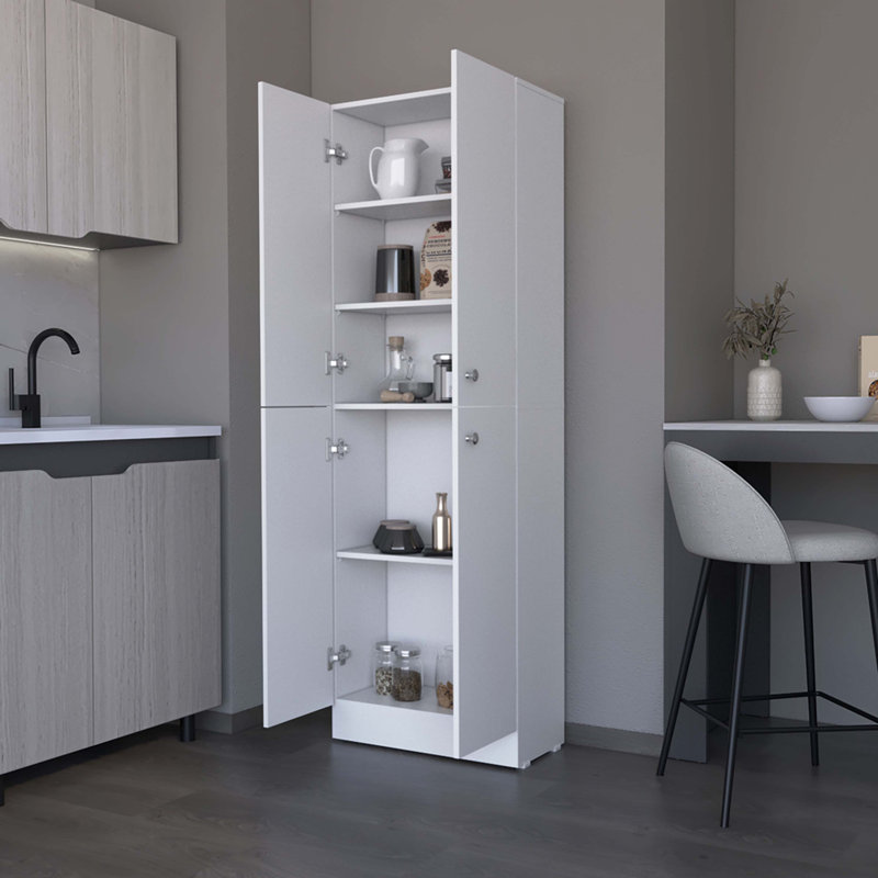 Patsie Tall Freestanding Kitchen Pantry with Four Doors and Five Inside Shelves, White