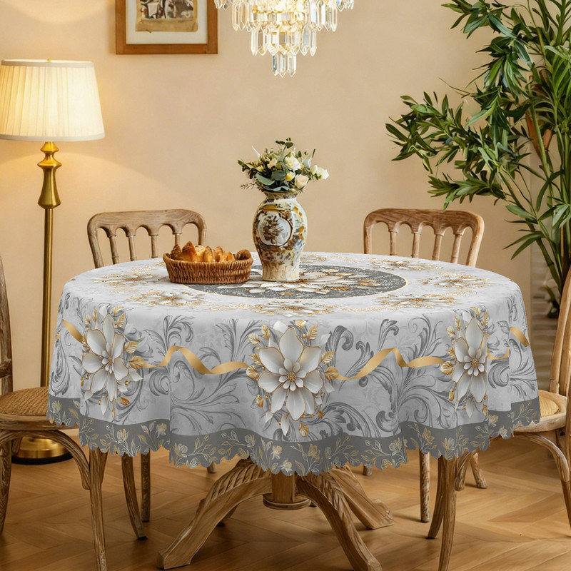 Gray Floral Pattern Design Machine-Washable Polyester Tablecloth