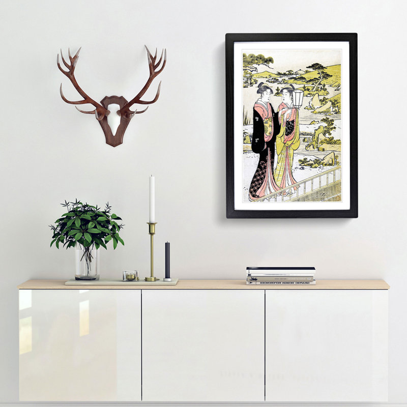 Two Women in a Garden by Torii Kiyonaga - Picture Frame Painting Print, 48cm H x 36cm W x 2cm D, Black Framed