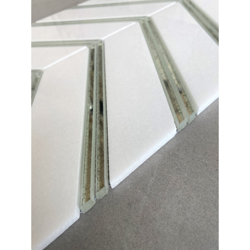 Thassos Random Sized Marble/Glass Herringbone Mosaic Wall Tile