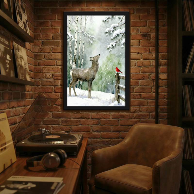 Animaux, hiver, cerf, neige, bouleau, cardinal, clôture, H 36 po x l 24 po