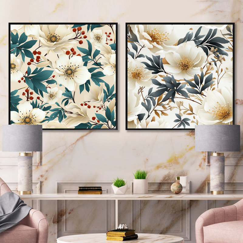 Coastal Tranquil Florals Collage Unveilé III - Ensemble de 2 collages floraux carrés, Cadre flottant noir, H 16 po x l 33 po
