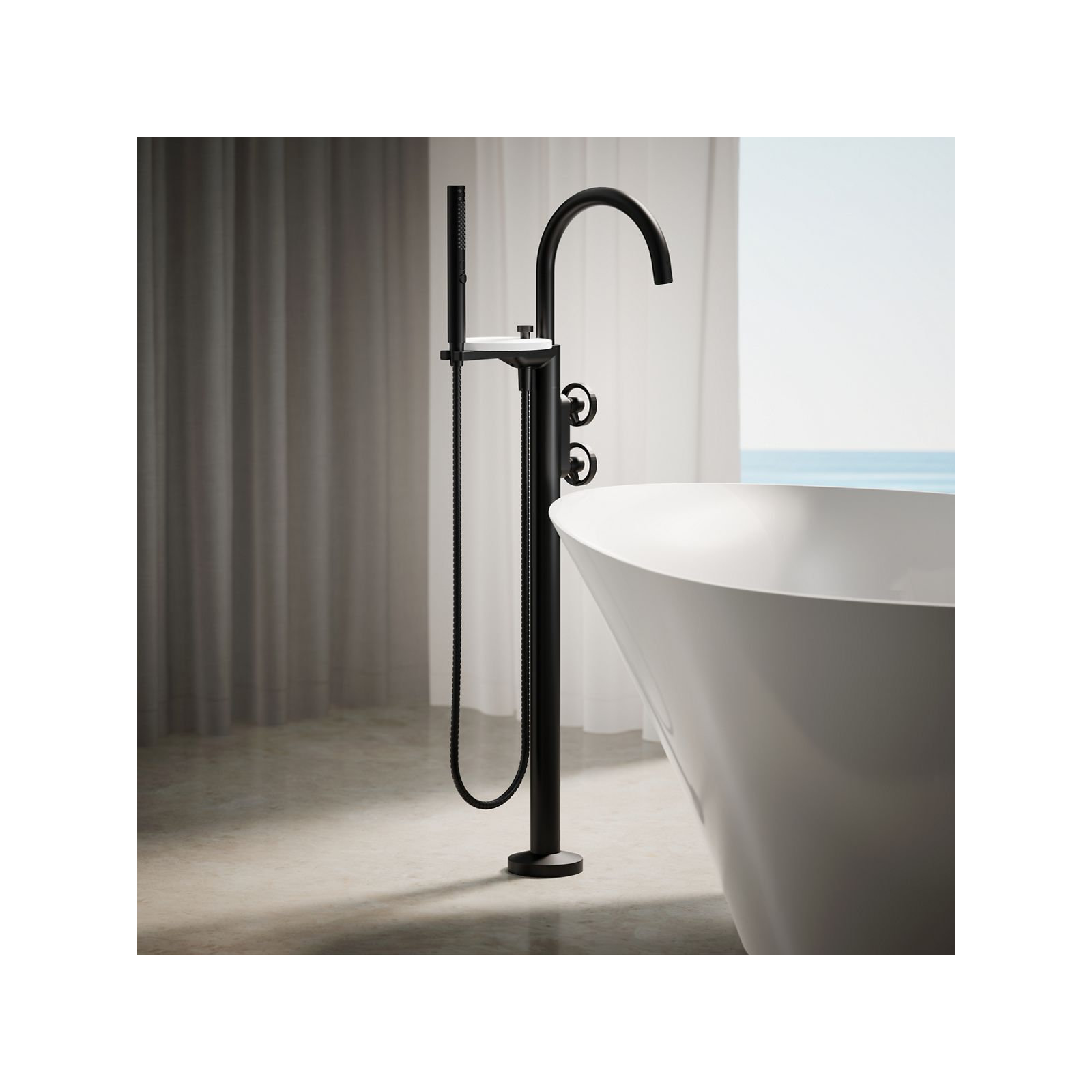 Components Floor-Mount Bath Filler Trim, Matte Black, Wheel Handle