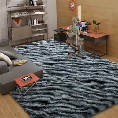 Tapis à poil long noir et blanc de 9 pi x 12 pi, idéal pour la décoration de salon, tapis moelleux ultra doux pour les planchers de chambre à coucher, tapis esthétiques convenant aux chambres d'enfants, aux dortoirs et à la décoration intérieure