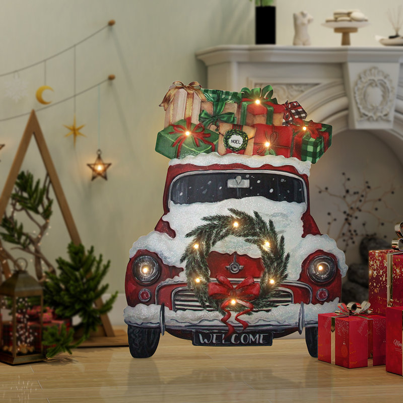 Enseigne de Noël pré-éclairée - Camion rouge avec lumières DEL 