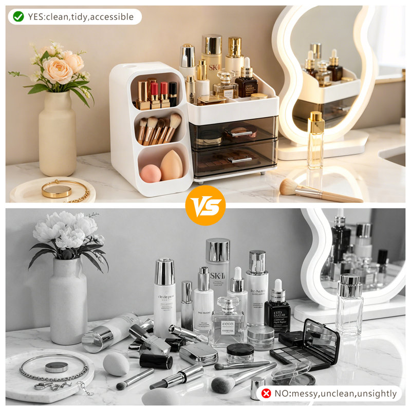Organisateur de maquillage amovible anti-poussière, grand comptoir avec porte-pinceau et 2 tiroirs, rangement pour coiffeuse pour parfums / palettes / vernis à ongles, cadeau facile à nettoyer pour les femmes