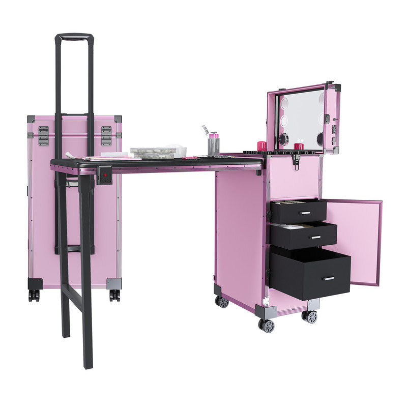Table portative pour cloueuse avec miroir DEL, audio Bluetooth et tiroirs verrouillables sécurisés, Rose