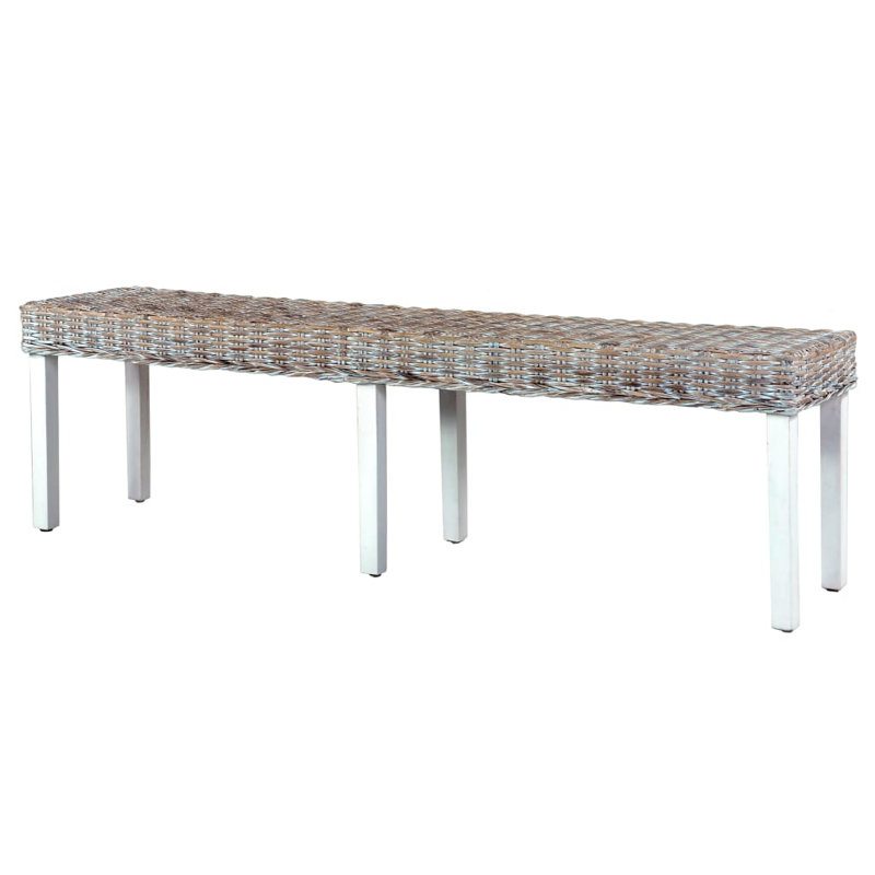 Bench Kitchen Dining Bench Natural Kubu Rattan and Solid Mango Wood, Light Gray/White