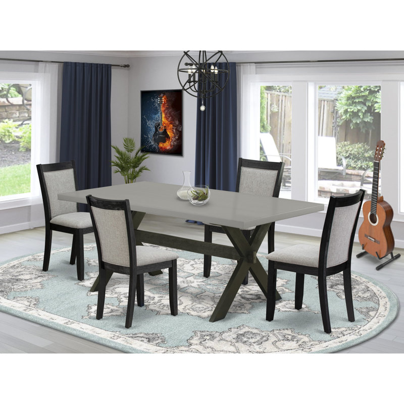 Ensemble de table de cuisine 5 pièces pour 4 personnes comprenant une table de salle à manger rectangulaire avec pattes en X et 4 chaises rembourrées en tissu lin Shitake