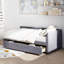 Lit plateforme simple tapissier en forme de L avec rangement et tiroirs-114677654