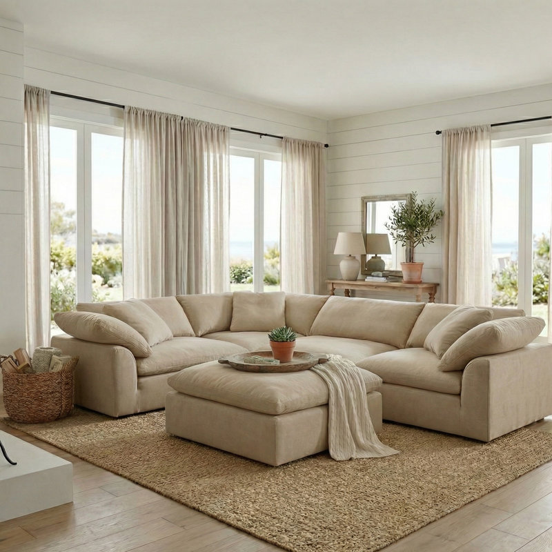 Canapé modulaire surdimensionné de 5 po avec repose-pieds Caitlynne d'inspiration nuageuse de 132 po avec repose-pieds | Tissu performant résistant à l'eau et aux taches lavable | Canapé à bourre de duvet profond | Coussins moelleux, conception moderne