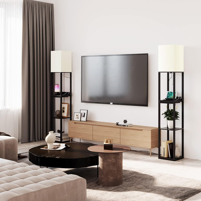 Modern Dimmable Floor Lamp With Shelves, Drawer, USB Ports & Power Outlets, Solid Wood Standing Bookshelf Lamp For Living Room And Bedroom