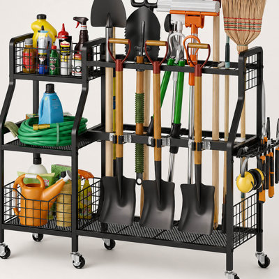 Rolling Garden Tool Holder Cart, Heavy Duty Storage Rack with Baskets