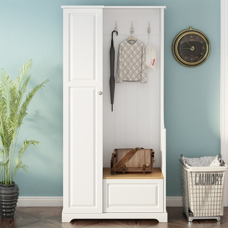 Meuble d'entrée avec banc rabattable, 90,4 cm (L) x 38,6 cm (P) x 178,8 cm (H), MDF, monobloc, meuble à chaussures autoportant, blanc, 3 crochets et étagères réglables