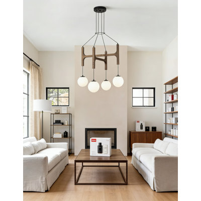 Farmhouse Wood Chandelier With Milk Glass Shades, 4-Light Adjustable Pendant Light Fixture For Kitchen Island, Dining Room, Bedroom Or Stairwell, Mid-Century Rustic Design