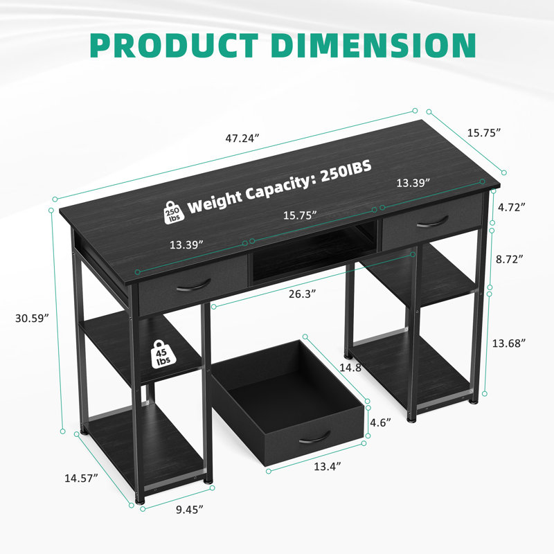 Desk and Chair Set: 48 Inch Computer Desk & Height Adjustable Black Mesh Chair, Black/Black