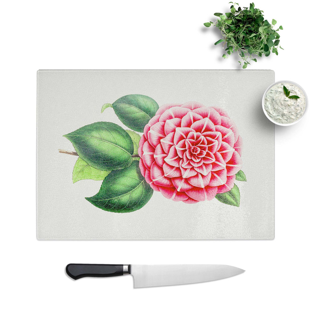 Tempered Glass Japanese Camellia Illustration Chopping Board