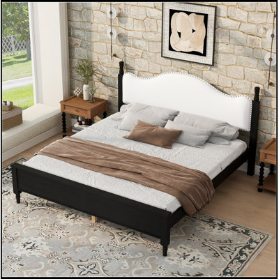 King Size Wood Platform Cate with Upholstered Headboard