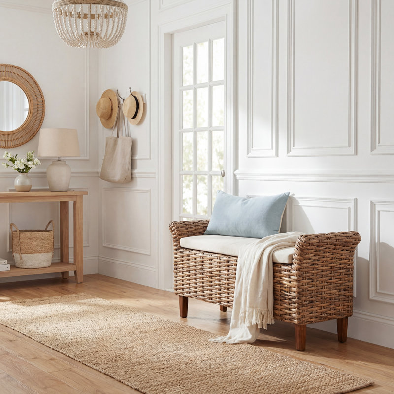 Élégant banc rembourré en bois de manguier tissé organique et en fibres de kretes durables pour la maison