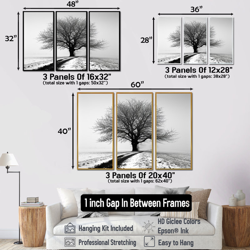 Vierge - arbre, impression d'art mural monochrome, Encadrement argenté, H 32 po x l 48 po x P 1 po