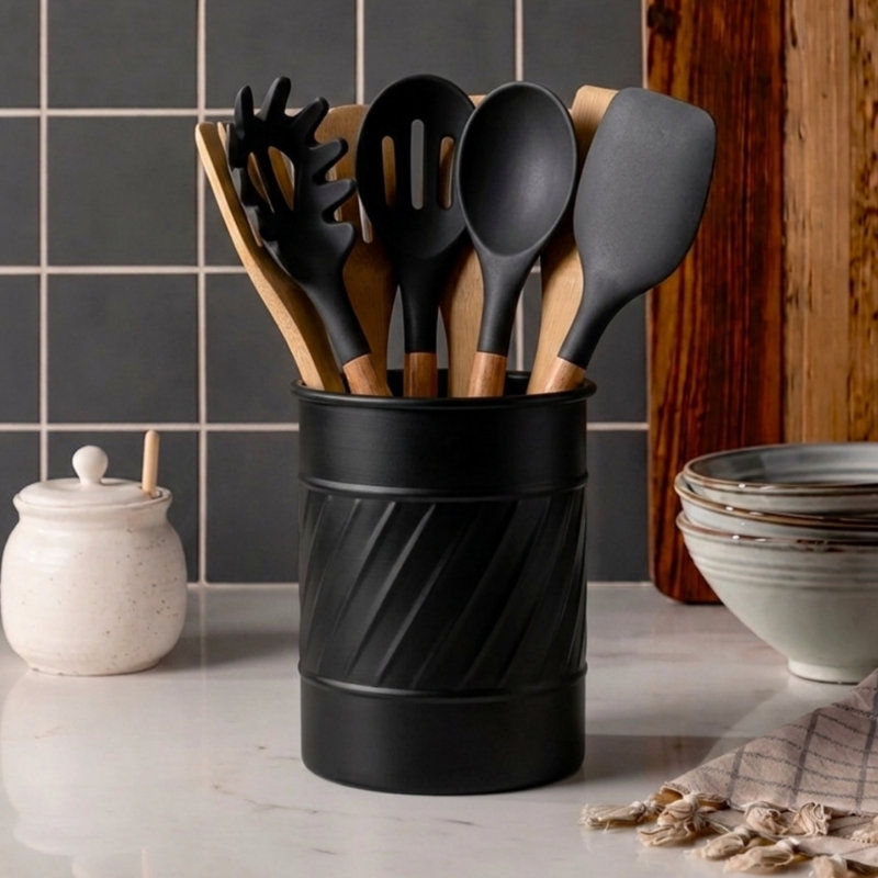 Porte-ustensiles de cuisine en métal gaufré à la main, Noir