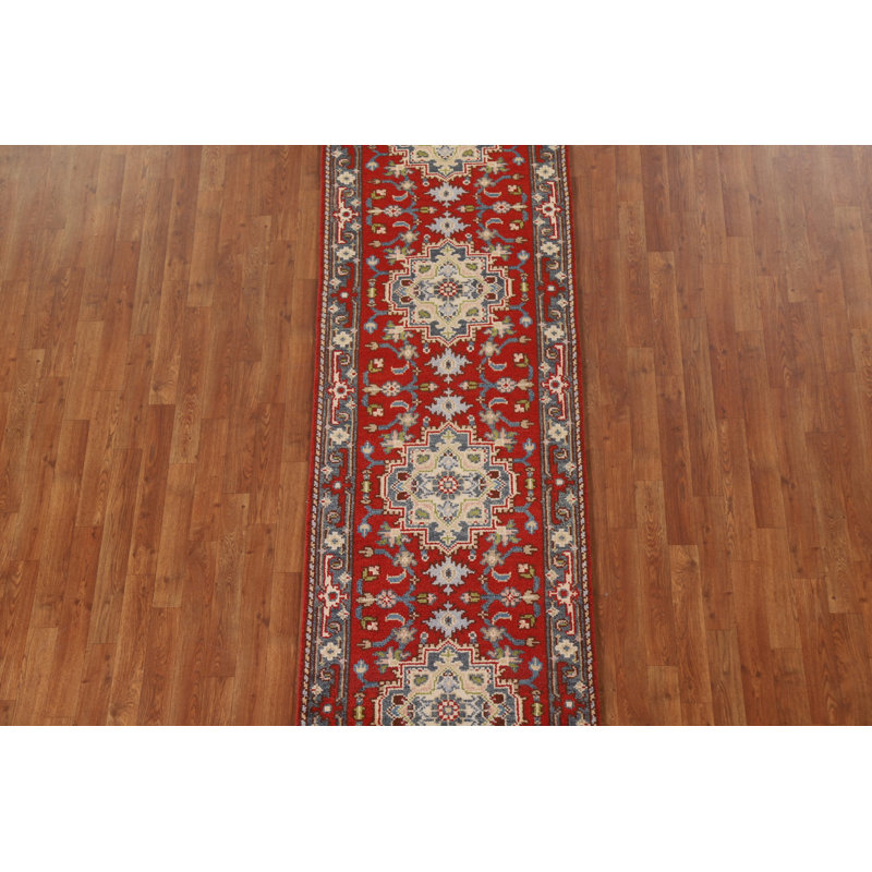 Tapis rouge Heriz Serapi géométrique rouge fait à la main 3 x 10