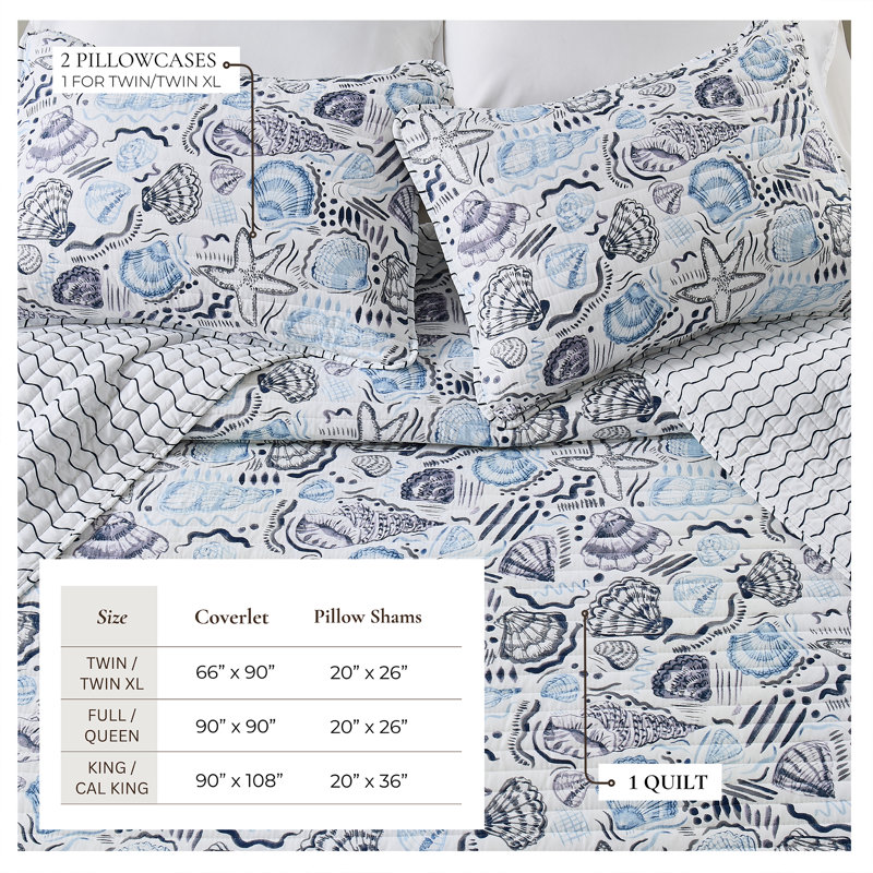 Blue Seashell Quilt Set with Shams, Full / Queen