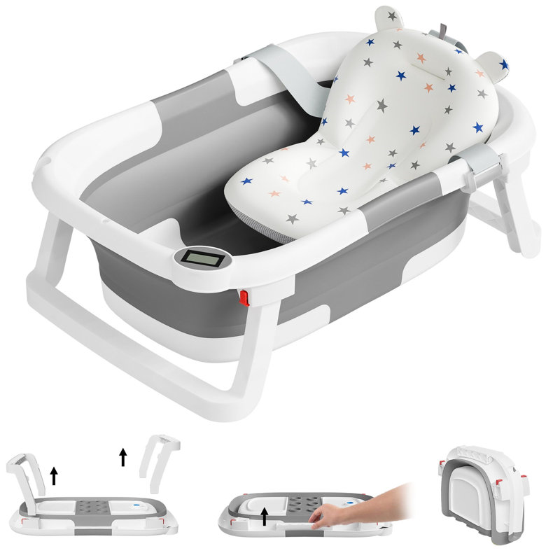 Baignoire pliable pour bébé AWW, baignoire portable pour nourrissons et jeunes enfants, avec coussin de soutien moelleux et thermomètre intégré, grise