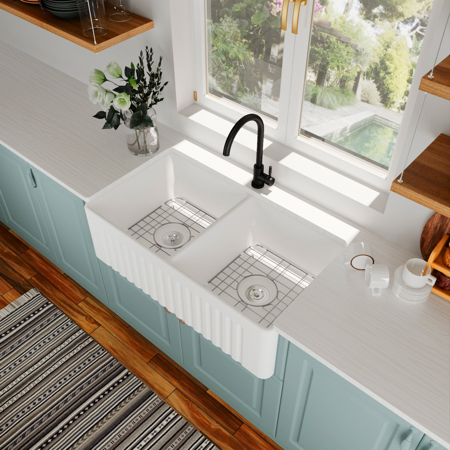 Eclipse 33" Double Bowl Farmhouse Kitchen Sink, White