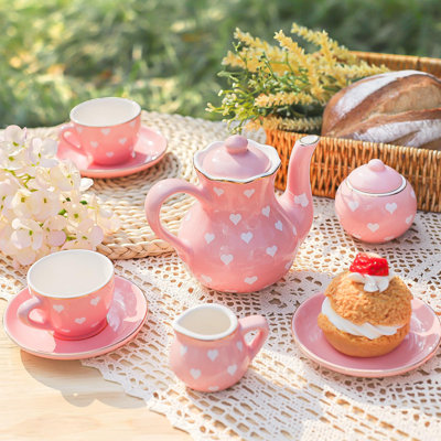 Tea Party Set For Little Girls Ages 3-8, Pink Heart Porcelain Tea Set With Gold Trim Edges, Princess Tea Time Toy Includes Pot & Cups & Saucers & Suitcase, Birthday Gifts For Toddlers Girls