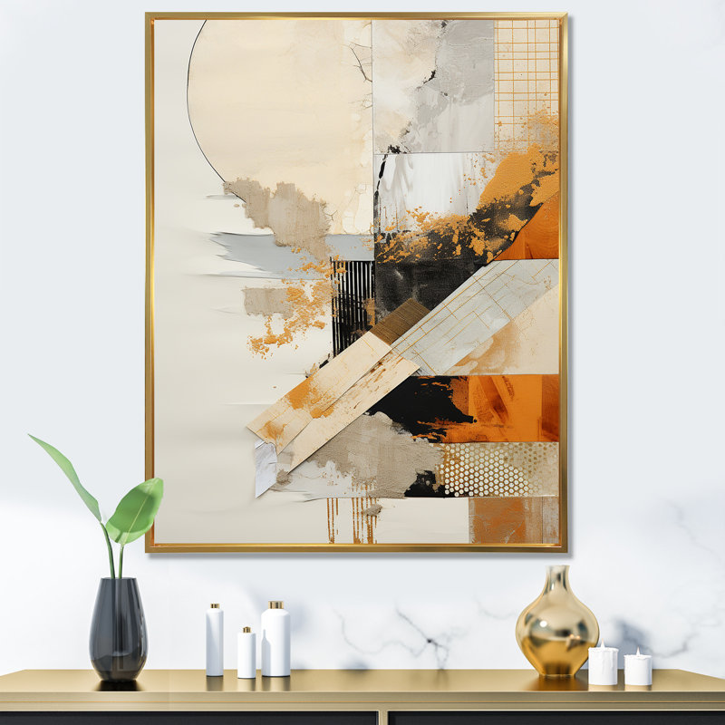 «Black Twilight Dream Abstract Collages I», art mural abstrait, Cadre flottant doré, H 32 po x l 16 po