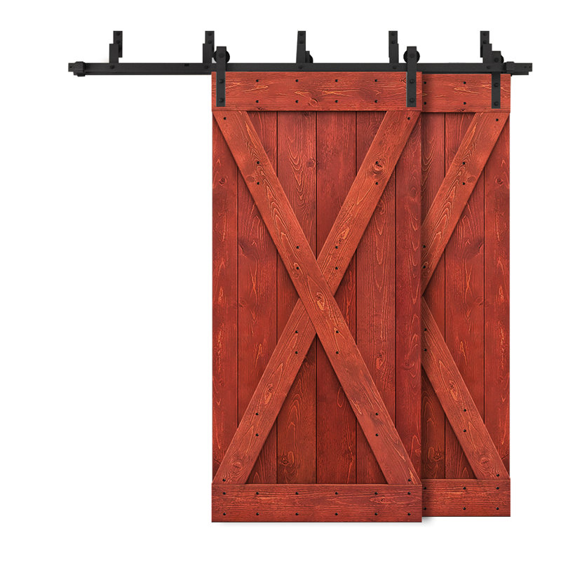 Porte de grange à panneaux et en bois avec quincaillerie d'installation, 88 po x 84 po, Rouge cerise