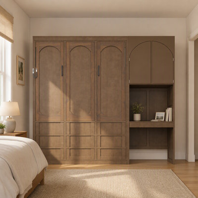 Queen Size Murphy Bed With Reversible Left-Right Side Cabinet, Led Lights, Drawers & Multi Storage Shelves Cabinets